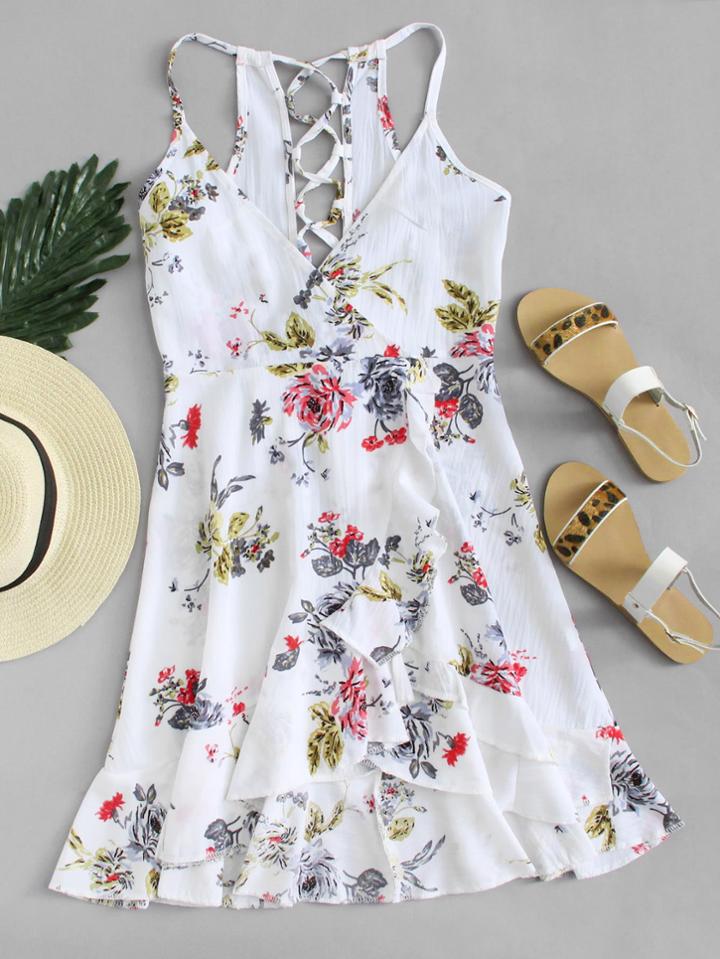 Romwe Ruffle Hem Lace Up Back Dress