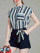 Romwe Multicolor Striped Tie-waist Top With Shorts