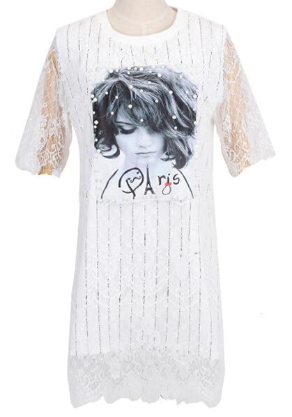 Romwe With Pearl Vertical Striped Head Print Lace Hem White Dress