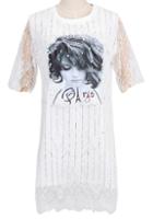 Romwe With Pearl Vertical Striped Head Print Lace Hem White Dress