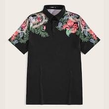 Romwe Guys Tropical Print Polo Shirt
