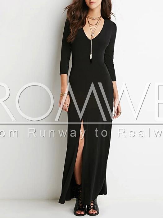 Romwe Black Scoop Neck Split Maxi Dress