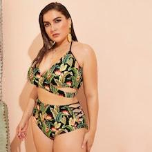 Romwe Plus Tropical Cross Top With High Waist Bikini