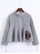 Romwe Blue Striped Split Sleeve Embroidered Tie Back Blouse