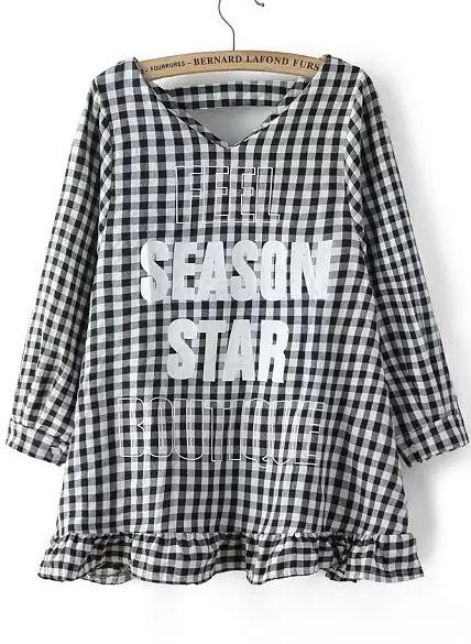 Romwe V Neck Plaid Letter Print Peplum Hem Black Blouse