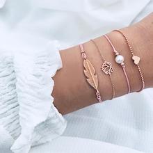 Romwe Feather & Lotus Bracelet Set 4pcs
