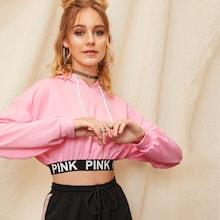 Romwe Drop Shoulder Letter Hem Crop Hoodie