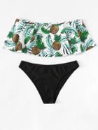 Romwe Tropical Print Flounce Bardot Bikini Set