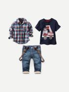 Romwe 3pcs Plaid Shirt And Tee And Cowboy Jumpsuit