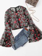 Romwe Fluted Sleeve Botanical Mesh Top