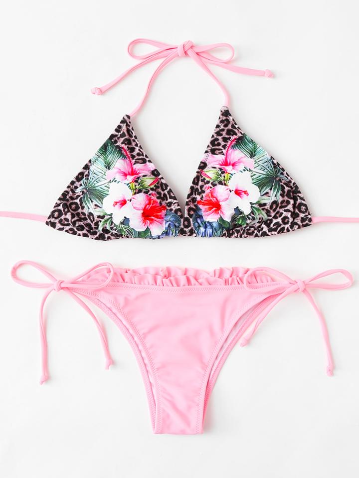 Romwe Flower Print Frill Bikini Set