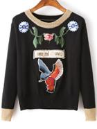 Romwe Black Bird Embroidery Contrast Trim Sweater