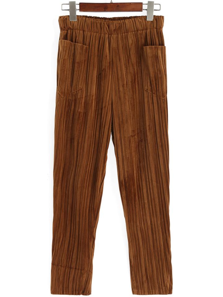 Romwe Elastic Waist Pleated Khaki Pant
