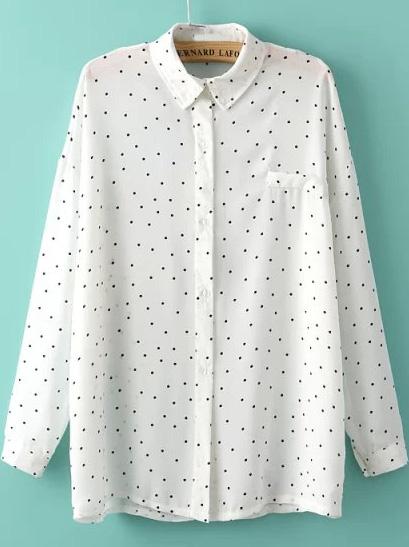 Romwe White Lapel Long Sleeve Polka Dot Blouse