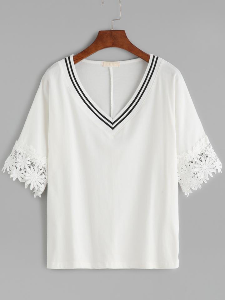 Romwe White Striped V Neck Crochet Lace Trim T-shirt