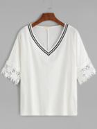 Romwe White Striped V Neck Crochet Lace Trim T-shirt