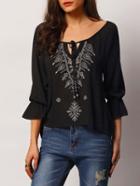 Romwe Bell Sleeve Lace Up Embroidered Blouse