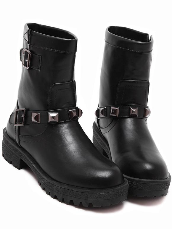 Romwe Black Rivet Buckle Strap Short Boots