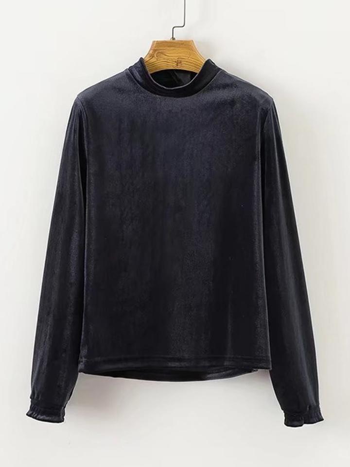 Romwe Mock Neck Velvet Blouse