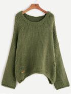 Romwe Army Green Dropped Shoulder Seam Sweater