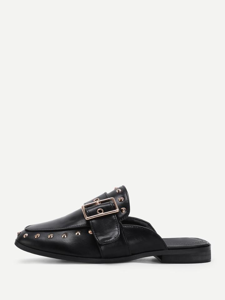 Romwe Rockstud Decorated Round Toe Pu Flats