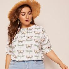 Romwe Plus Butterfly Print Frill Trim Blouse