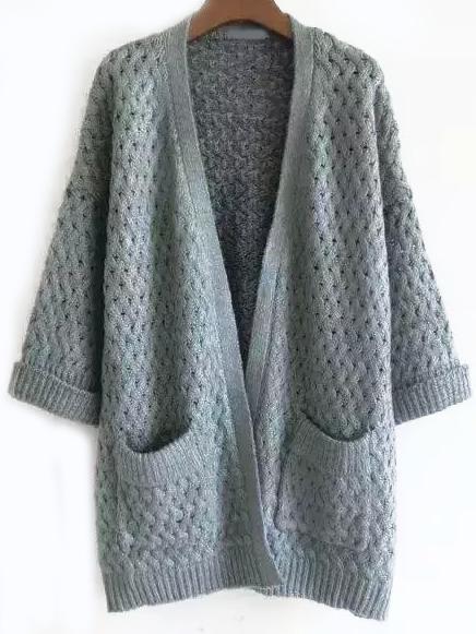 Romwe Pockets Hollow Long Grey Coat