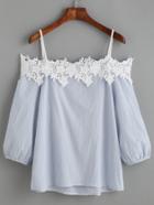 Romwe Light Blue Cold Shoulder Appliques Lantern Sleeve Blouse