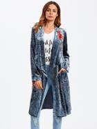 Romwe Embroidered Patch Drape Collar Crushed Velvet Coat