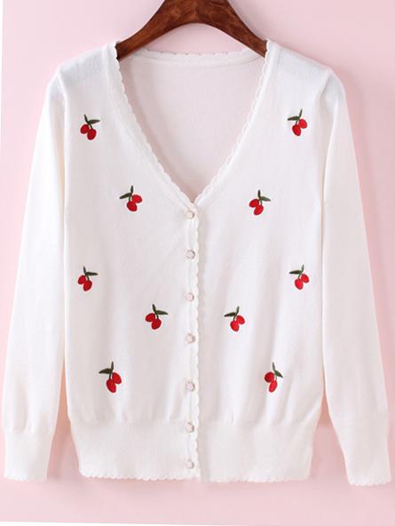 Romwe Cherry Embroidered Buttons Cardigan