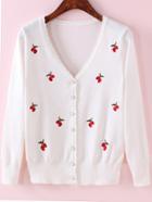 Romwe Cherry Embroidered Buttons Cardigan