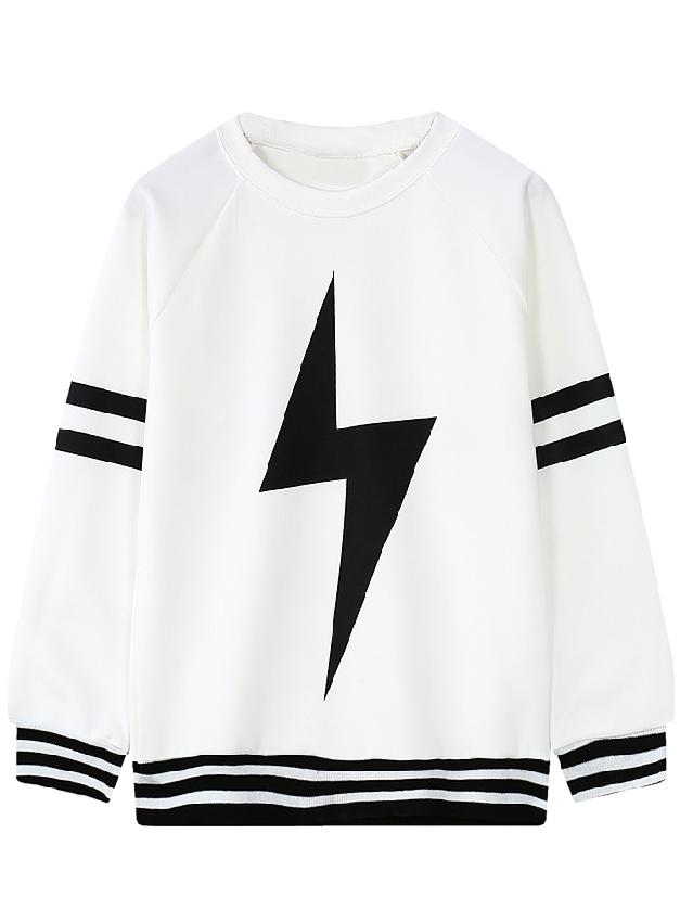 Romwe Lightning Print Striped White Sweatshirt