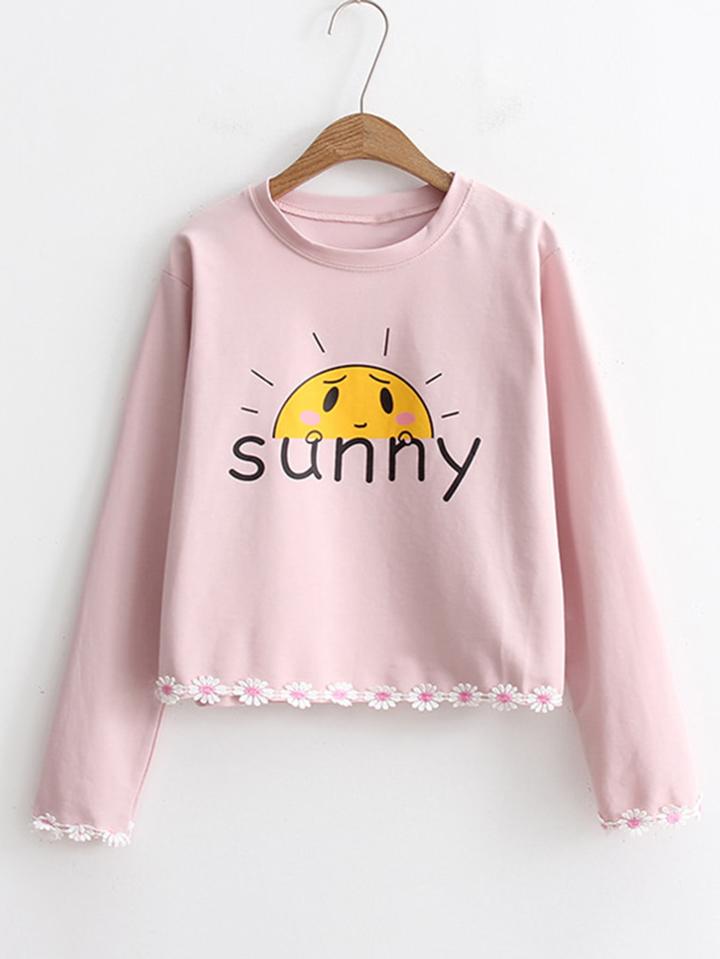 Romwe Cartoon Print Flower Embellished Trim Sweatshirt