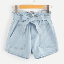 Romwe Contrast Stitch Self Belted Denim Shorts