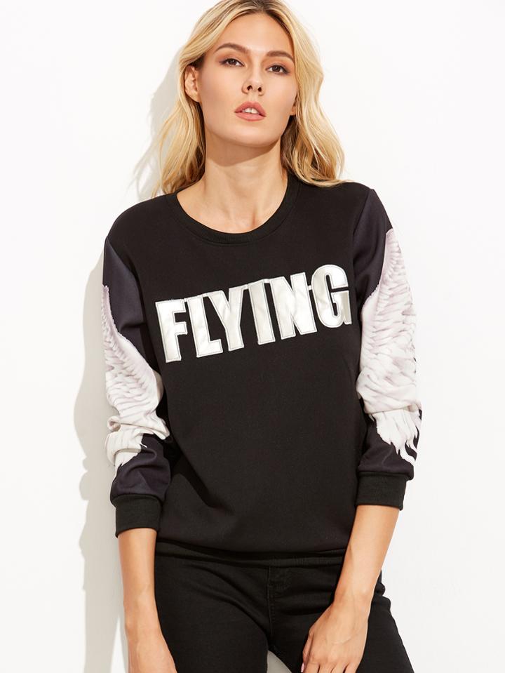 Romwe Black Wings Print Letter Patch Sweatshirt