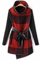 Romwe Black And Red Plaid Belted Woolen Coat