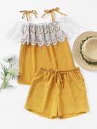 Romwe Self Tie Shoulder Lace Layered Pleated Top With Shorts