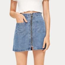 Romwe Zip Through Pocket Detail Denim Skirt