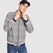 Romwe Guys Striped Rib Trim Zip Up Plaid Jacket