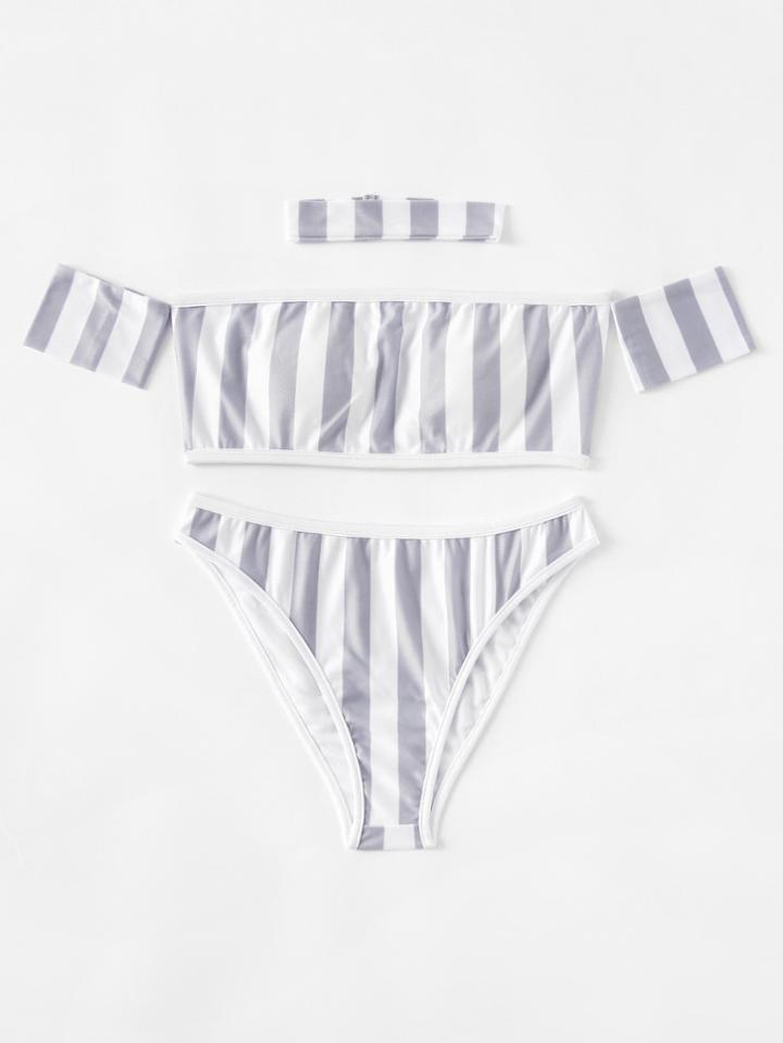 Romwe Block Striped Off The Shoulder Bikini Set With Choker