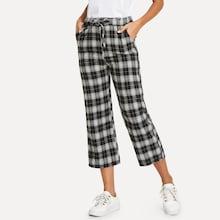 Romwe Drawstring Waist Plaid Pant