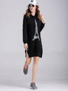 Romwe Black Sequin Slit Side Hooded Sweatshirt Dress