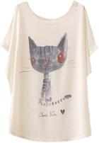 Romwe White Batwing Short Sleeve Cat Animal Print T-shirt Tshirt