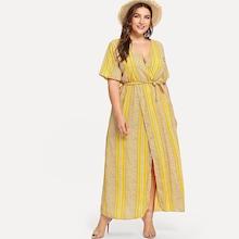 Romwe Plus Deep V Neckline Split Hem Dress