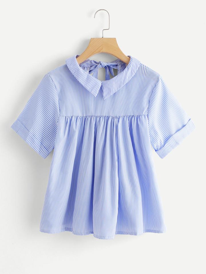 Romwe Tie Back Striped Cuffed Top