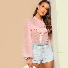 Romwe Ruffle Tie Neck Dot Jacquard Top