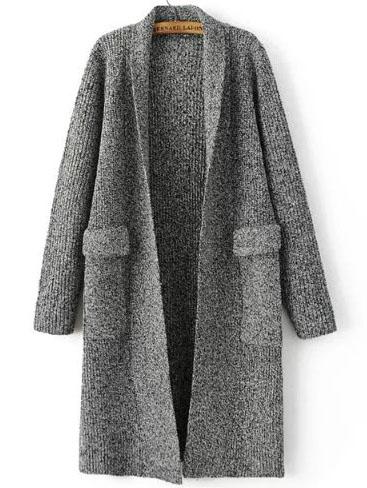 Romwe Grey Marled Knit Shawl Collar Textured Cardigan With Pockets
