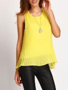 Romwe Yellow Keyhole Pleated Tank Top