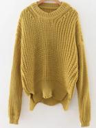 Romwe Yellow Round Neck Asymmetrical Hem Sweater