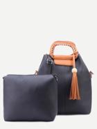 Romwe Black Faux Leather Tassel Trim Shoulder Bag Set